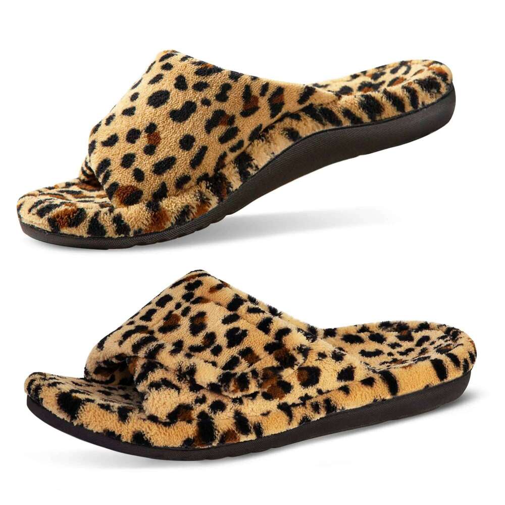 Litfun Fur Fuzzy Women Fashion Leopard Print Fluffy Slippers Winter Open Toe Furry Slide House Orthopedic Cotton Slides
