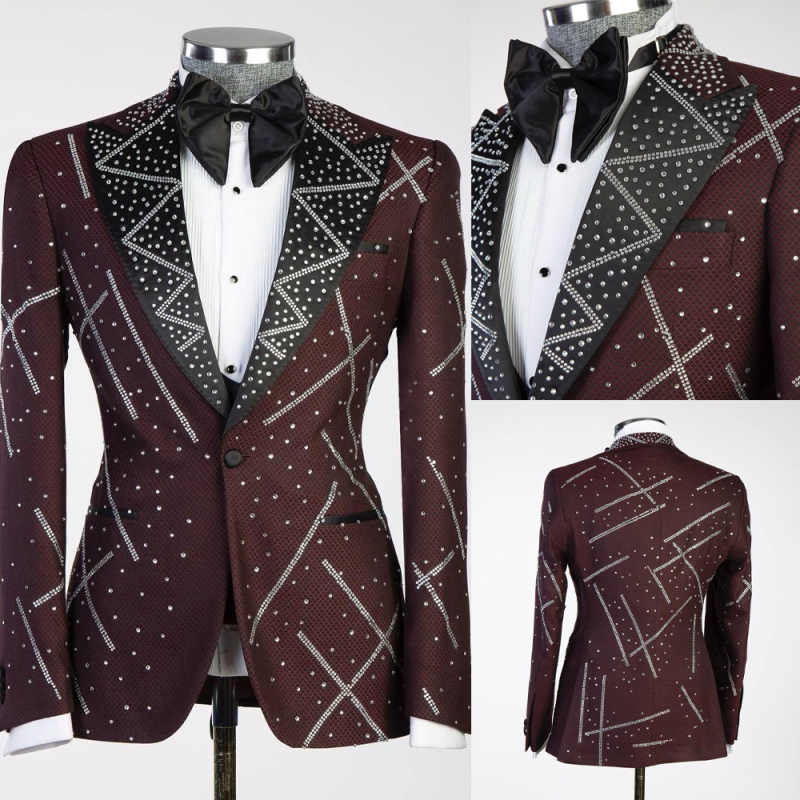 Luxurious Beaded Men Suits Peaked Lapel One Button Jacket Sets Classic Fit Prom Male Party 2 Pieces Customized