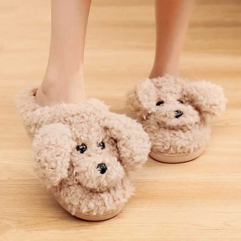 Comwarm Cute Dog Short Plush Slippers For Women 2023 Winter Warm Furry Cotton Shoes Couples Home Indoor Bedroom Cozy Slippers S260305