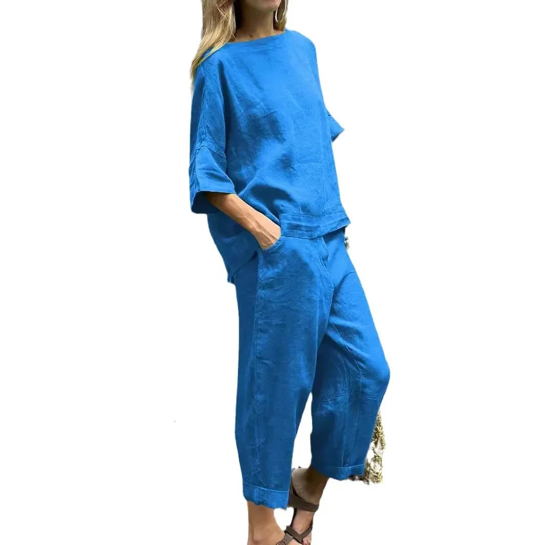 S-5XL Summer Womens 2-piece Plus-size Cotton and Linen Shirt High-waisted Pant Suit 2 Piece Sets Womens Outfits 260305