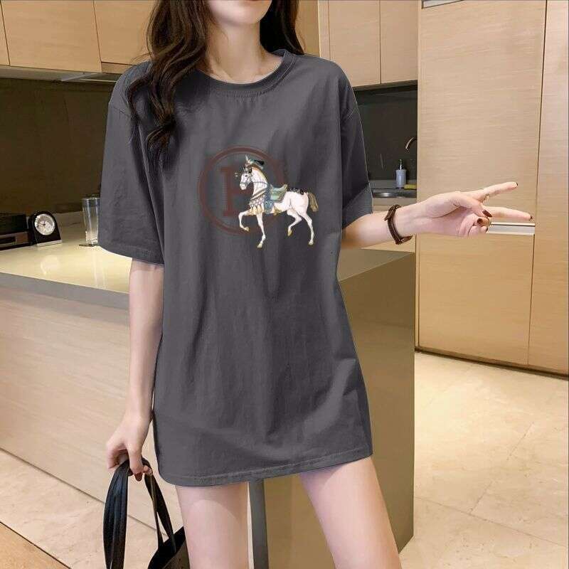 100% Cotton Short-Sleeve T-Shirt For Women, Loose Fit, New Summer Style, Paired With Shark Pants, Mid-Length Top That Covers The Hips, Stylish Asia Si