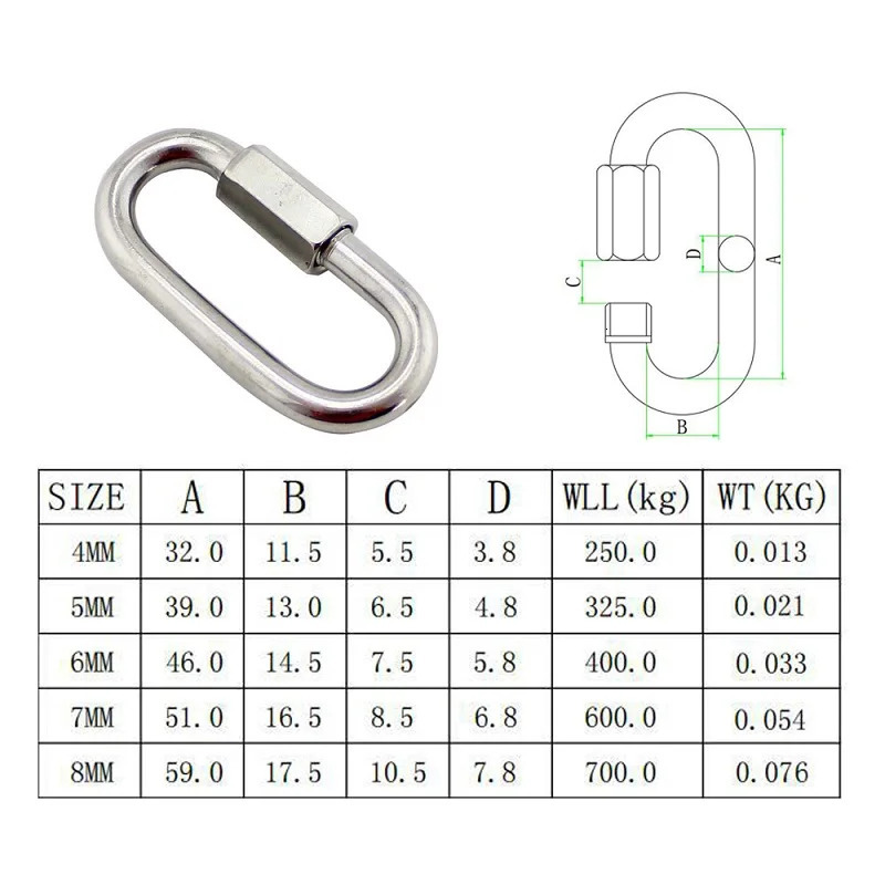 Stainless Steel 304 Spring Loaded Gate Snap Carabiner Quick Link Lock Ring Hook M5 M6 M7 M8 For Hammock Camping 260228