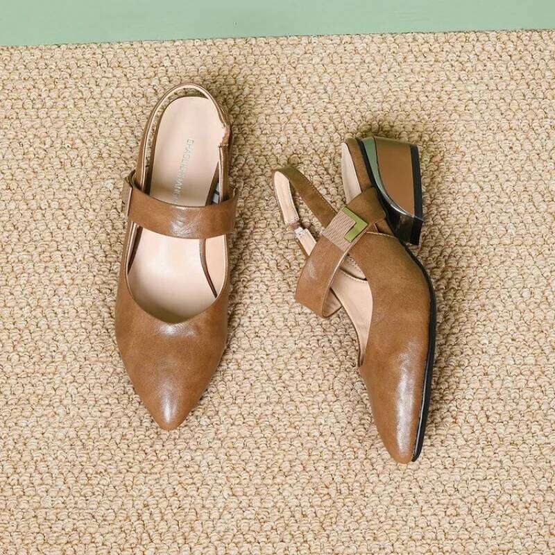 Women Elegant Cap Block Pointed Toe Sandals Summer Comfortable Backless One-Strap Buckle Mid Heel Fashion Commuter Shoe