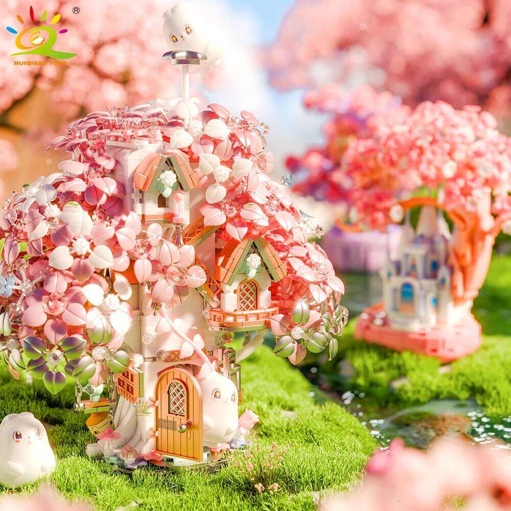 HUIQIBAO DIY Discoloration Cherry Blossom MOC Flower Pink Tree House Building Blocks Classic Model Bricks Sets Kid Romantic Gift Z260306