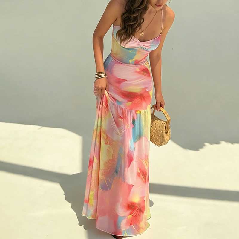 Spring Summer Womens Tie Dye Print Halter Neck Backless Maxi Dress Slim Fit Sleeveless Long Dress For Beach Holiday Party Dress X260306