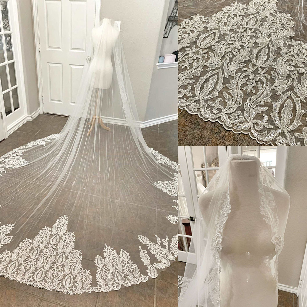 Sequined Lace Cathedral Wedding Veil White Ivory Bridal Veils Tulle 1 Tier With Comb Bride Accessories Custom Made