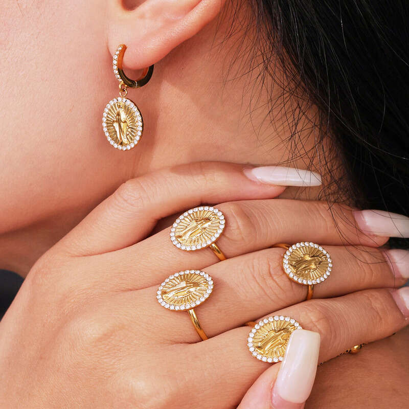 Women's Vintage Religious Earrings Ring Set: Stainless Steel 5A Zircon Jesus Oval Full Diamond Round Pendant 18k Gold Plated Ins Personalized Dai