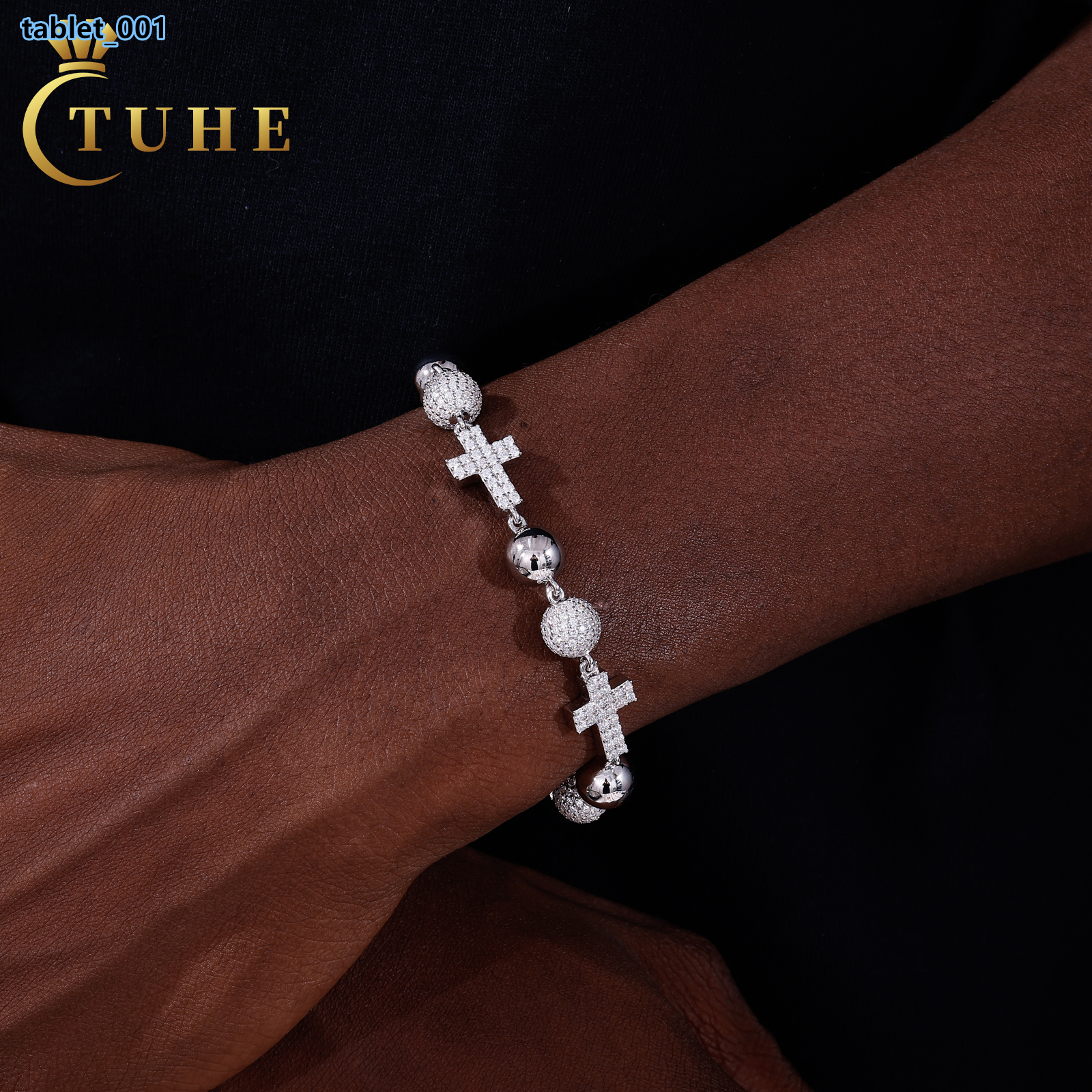 Jewelry Wholesale Luxury Mens Charm 10mm 925 Sterling Silver VVS Moissanite Diamond Iced Out Ball Cross Link Chain Bracelet