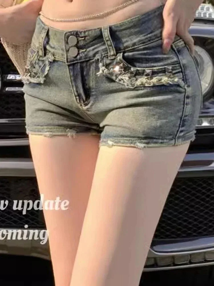 Women Korean Retro Y2k Shorts Pants Lady Vintage High Street Pants Female Blue Low Waist Elastic Wrapped Hip Short Jeans 260306
