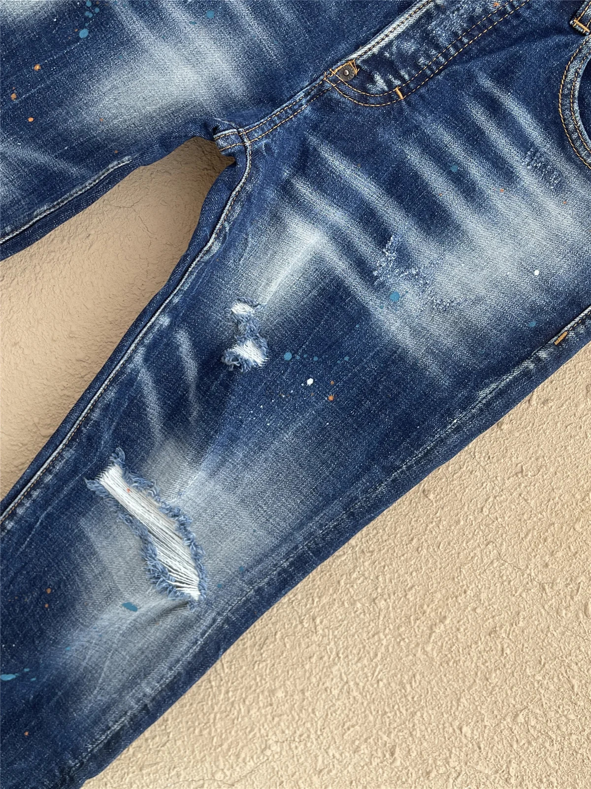 2025 fashion mens washed worn microelastic paint splash ink slimfit feet blue jeans men 260228