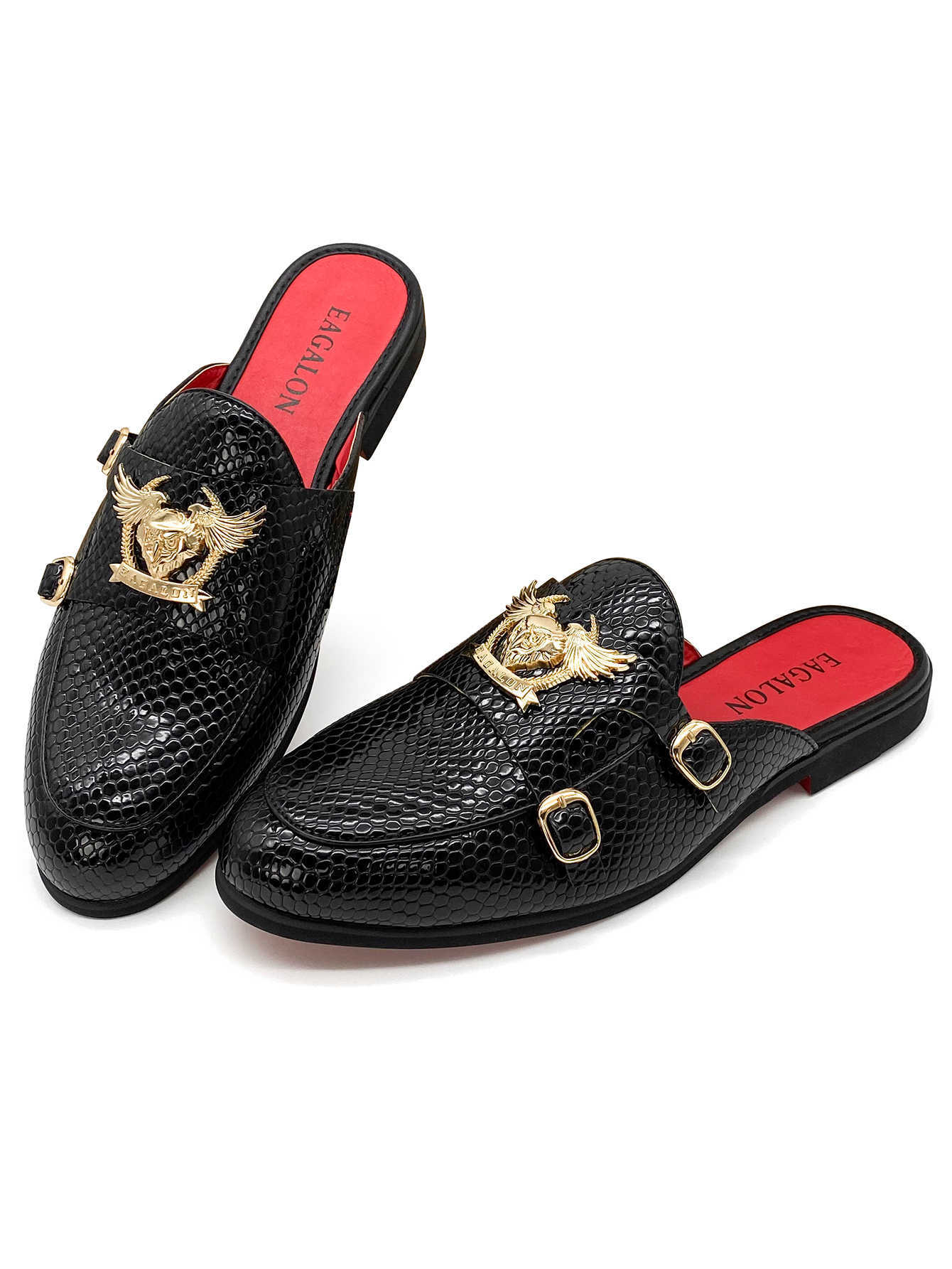 Men's Luxury Snakeskin Embossed Backless Loafers Golden Eagle Head Buckle Mules Red Sole Slip-on Casual Dress Slippers