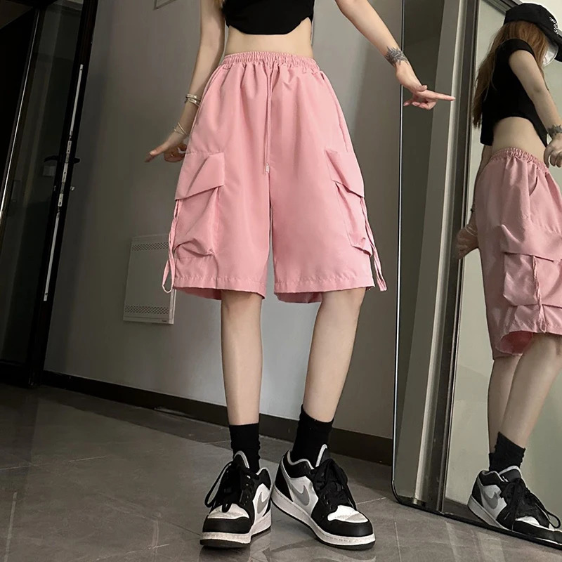 Gidyq Women High Waist Cargo Shorts American Style Streetwear Summer Wide Leg Pants Fashion Female Big Pocket Loose Shorts 260306