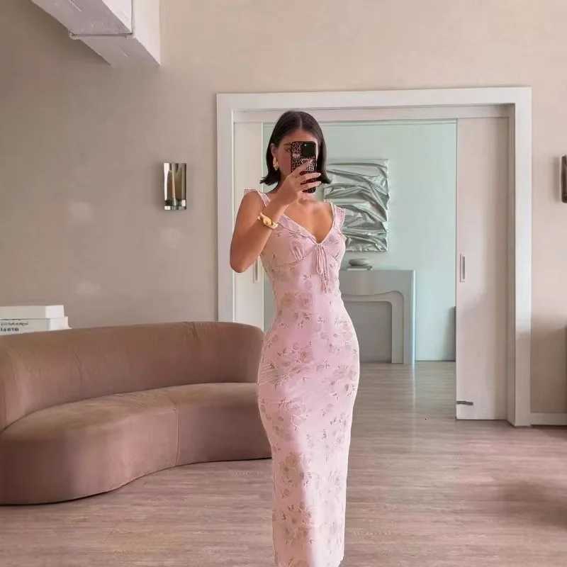 Sexy Elegant Flower Print Slim Long Dresses Women V-neck Low Cut Leace-up Backless Package Hip Bodycon Sleeveless Dress Female X260306