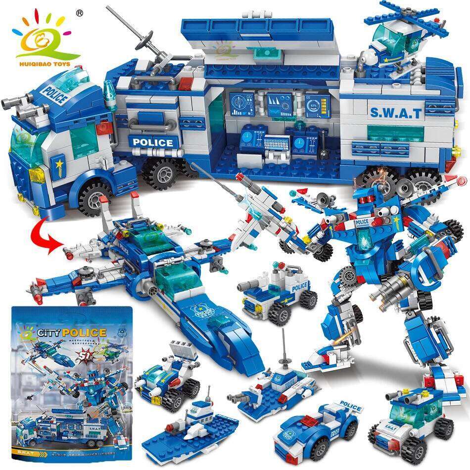 HUIQIBAO 700PCS 8in1 City Police Command Trucks Building Blocks Policeman Robot Car Helicopter Model Bricks Toys for Children Z260306