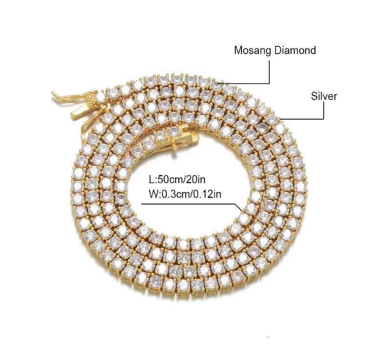 Hiphop Moissanite Jewelry 3mm/4mm 925 Silver D Color GRA Moissanite Tennis Chain Necklace for Men and Women
