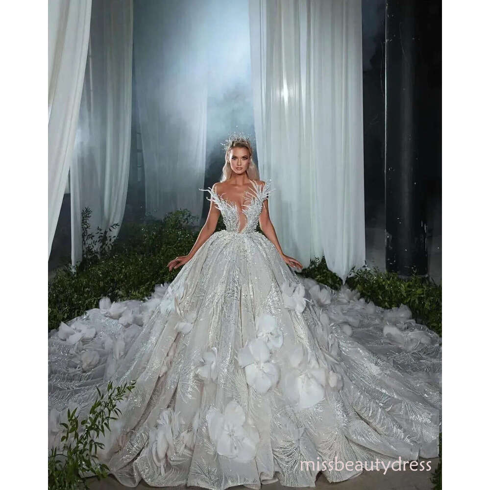 Luxury Ball Gown Wedding Dresses Deep V Neck Sleeveless Strapless Beads Applique Sequins 3D Lace Flowers Ruffles Sparkly Plus Size Formal Bridal Gowns