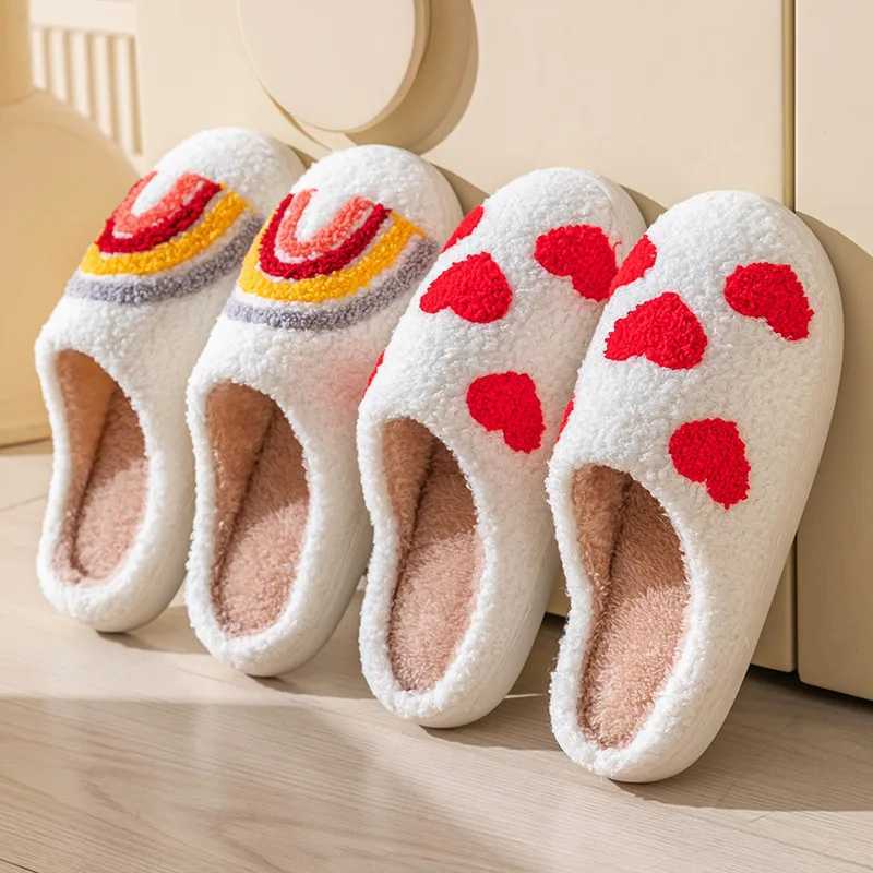 Cotton Slippers Womens Indoor Rainbow Plush Warm Slippers Floral Letter Heart Design Slides Ladies Fluffy Cozy Home Comfy Shoes S260305