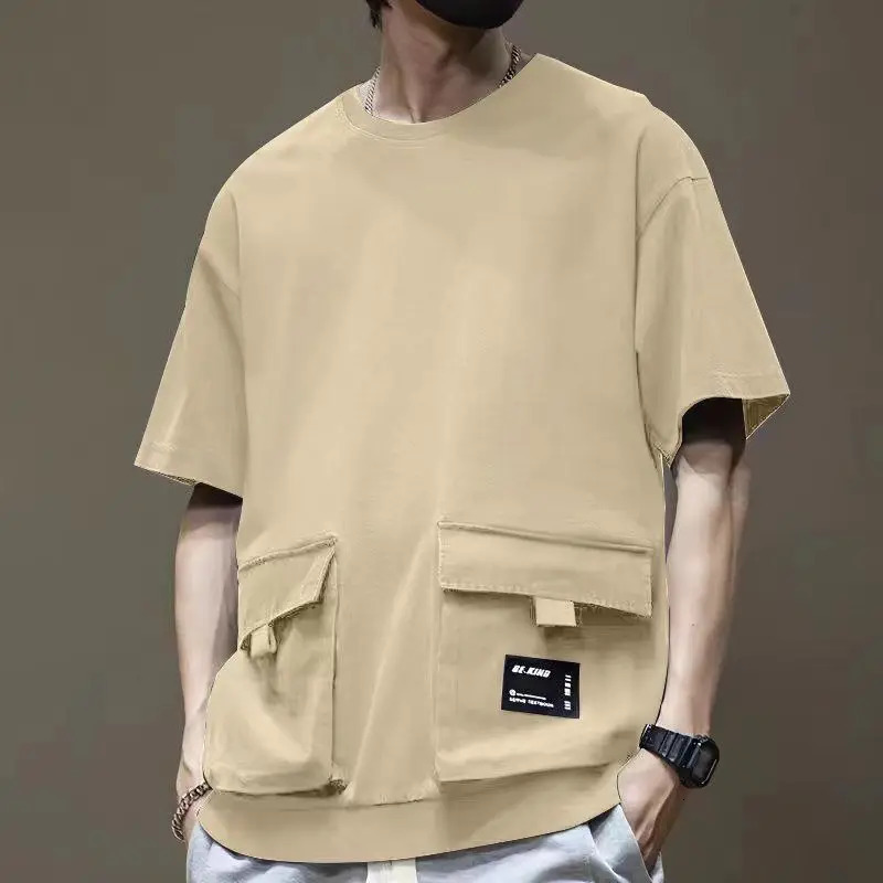 Men Cargo Short Sleeve Tshirt Cotton Round Collar Sports Pocket Running Tee High Street Dropped Shoulder Half TShirts 260302