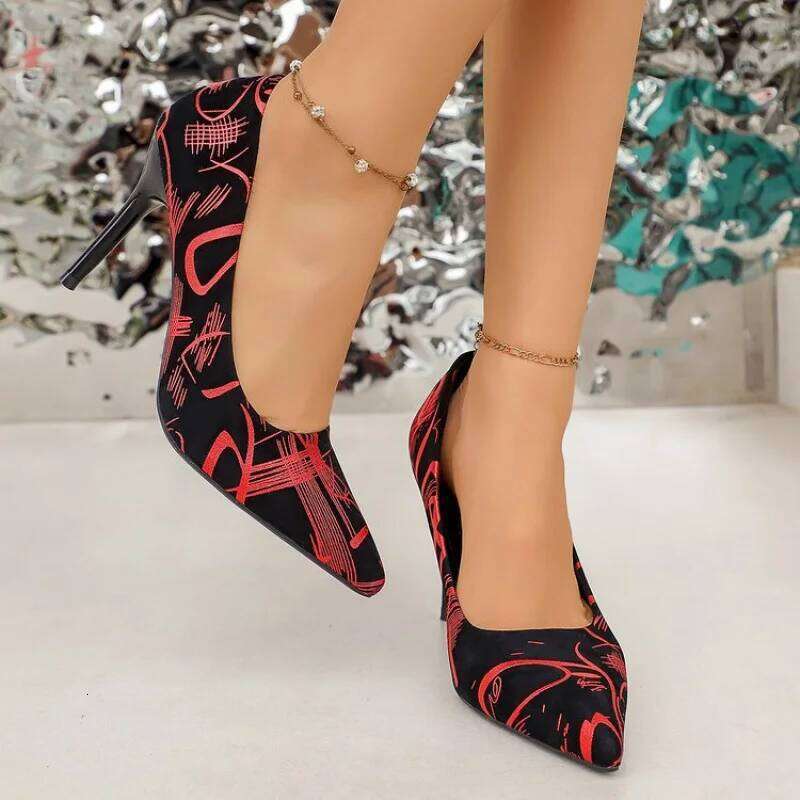 2026 Spring Plus Size Stiletto Heels Sexy Pointed Toe Graffiti Pumps | Color Block Party Dance Shoes For Women
