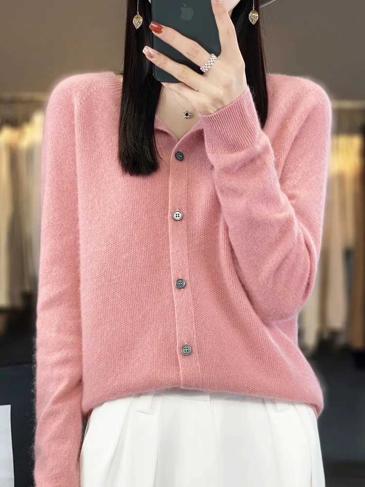 Aliselect Autumn Winter Women 100 Merino Wool Sweater O-Neck Tops Long Sleeve Basic Cashmere Knitwear Cardigan Clothing Coat M260306