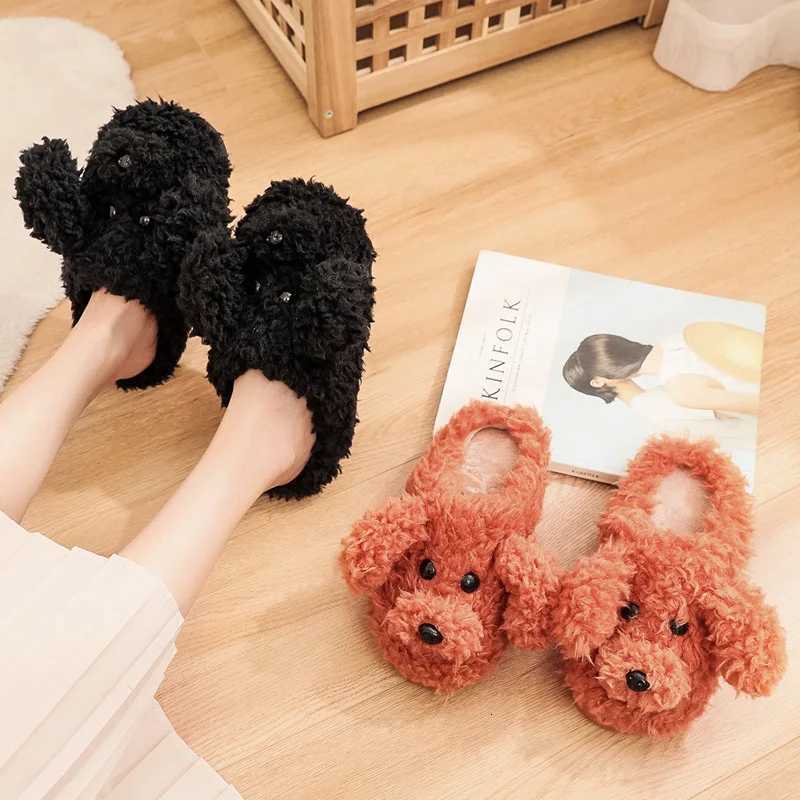 Comwarm Cute Dog Short Plush Slippers For Women 2023 Winter Warm Furry Cotton Shoes Couples Home Indoor Bedroom Cozy Slippers S260305