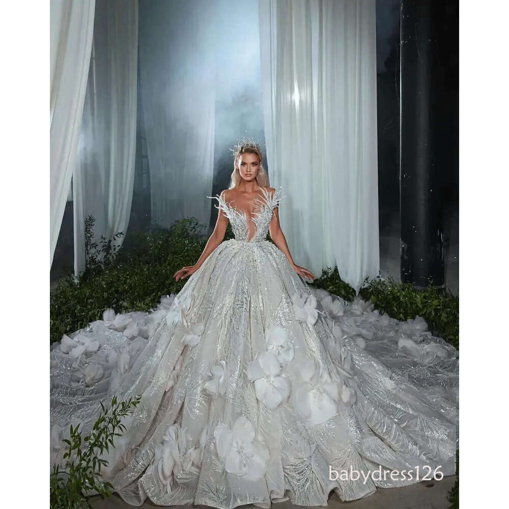 Luxury Ball Gown Wedding Dresses Deep V Neck Sleeveless Strapless Beads Applique Sequins 3D Lace Flowers Ruffles Sparkly Plus Size Formal Bridal Gowns