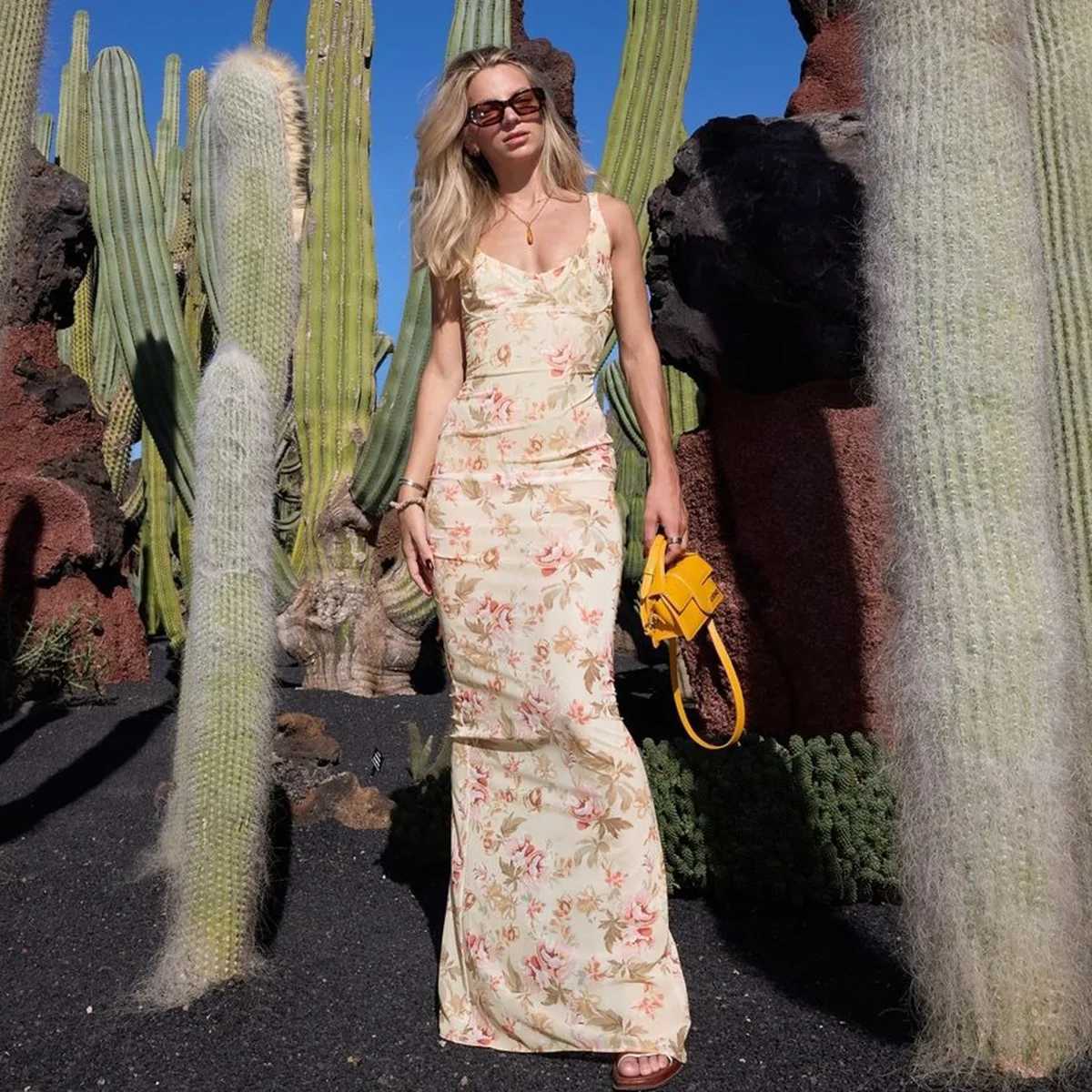 2026 New Womens Sexy Low-Cut U-Neck Floral Print Slit Strapless Dress for Birthday Party Evening Dinner Elegant Evening Gown X260306