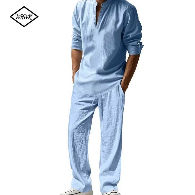 Mens Henley Cotton Linen Shirts Long SLeeve Lightweight T-Shirts Breathable Streetwear Solid Color Business Button T-Shirts M260305