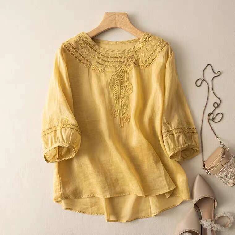 Women Summer Tops Tees Vintage Blouse Short Sleeve Shirt Ruffles Loose Casual Tees Literary Floral Embroidery Cotton And Linen Blous
