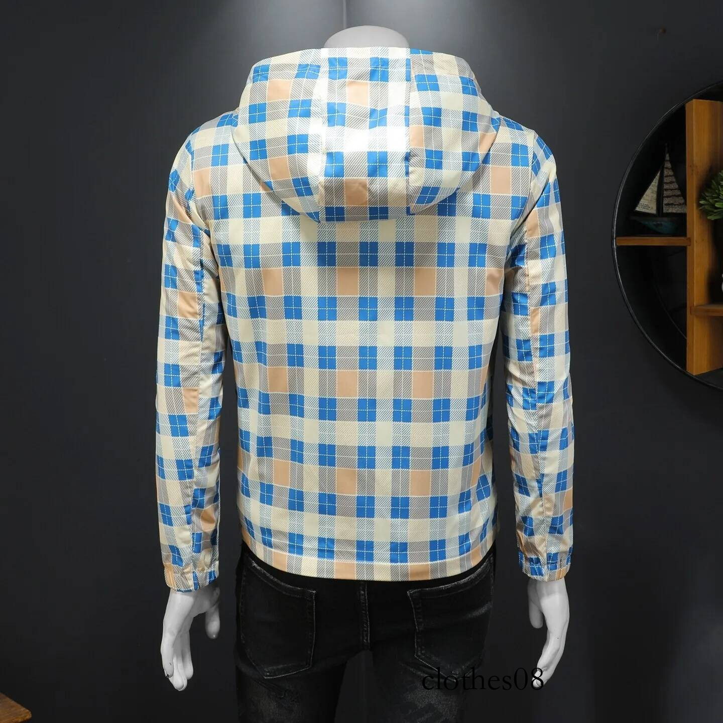 Faionable Plaid Hooded Jaet Spring Autumn High End Men's Outerwear Polyester Fiber Long Sve Zipper Closure