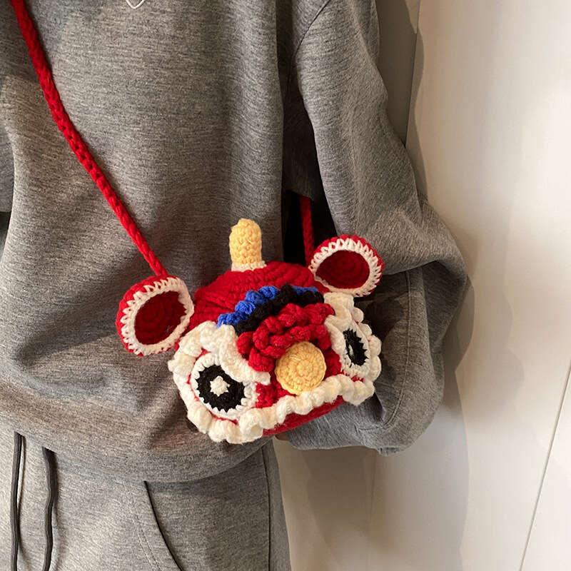 Tote National Style Lion Knitted Yarn Crochet Coin Purse Plush Crossbody Handmade Handheld Cartoon Woven Bag
