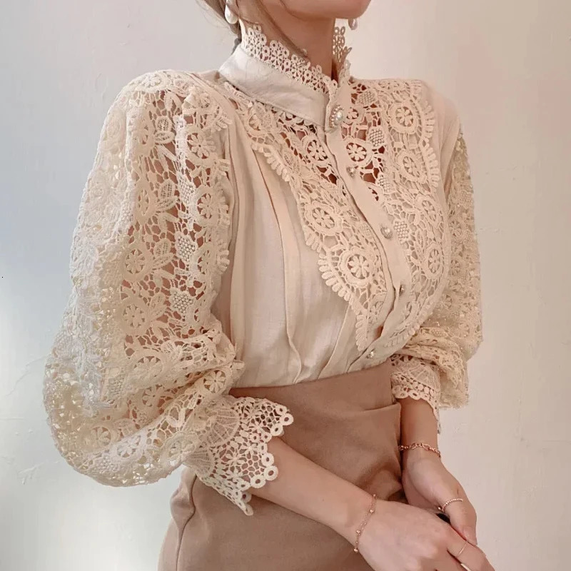 Elegant Loose Sweet Fashion Lace Women Blouse Office Stand Collar Casual Shirt Ladies Petal Long Sleeves Hollow Out Top Clothing 260306