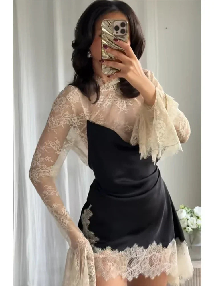 Women Lace Patchwork Sexy Mini Dress Elegant Full Flared Sleeve Waist Cinching See Through Short Dresses Lady Club Party Gowns 260302