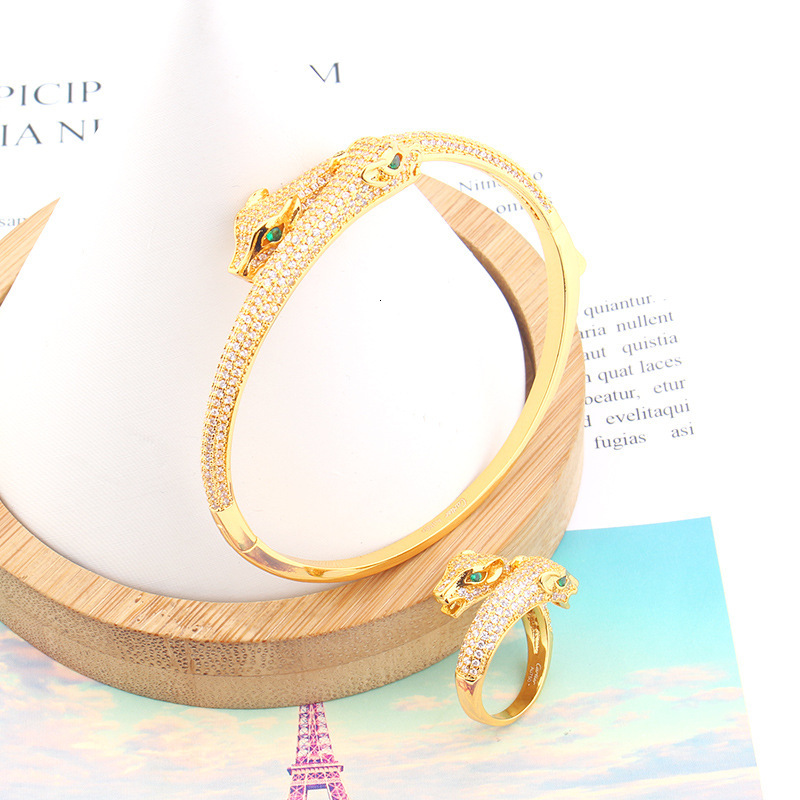 Bracelet Ring Set Style Punk Micro-Inlaid Bracelet Ring Zircon Simple Double-Headed Leopard Bracelet Ring Set, Personalized Jewelry For Men And Women 