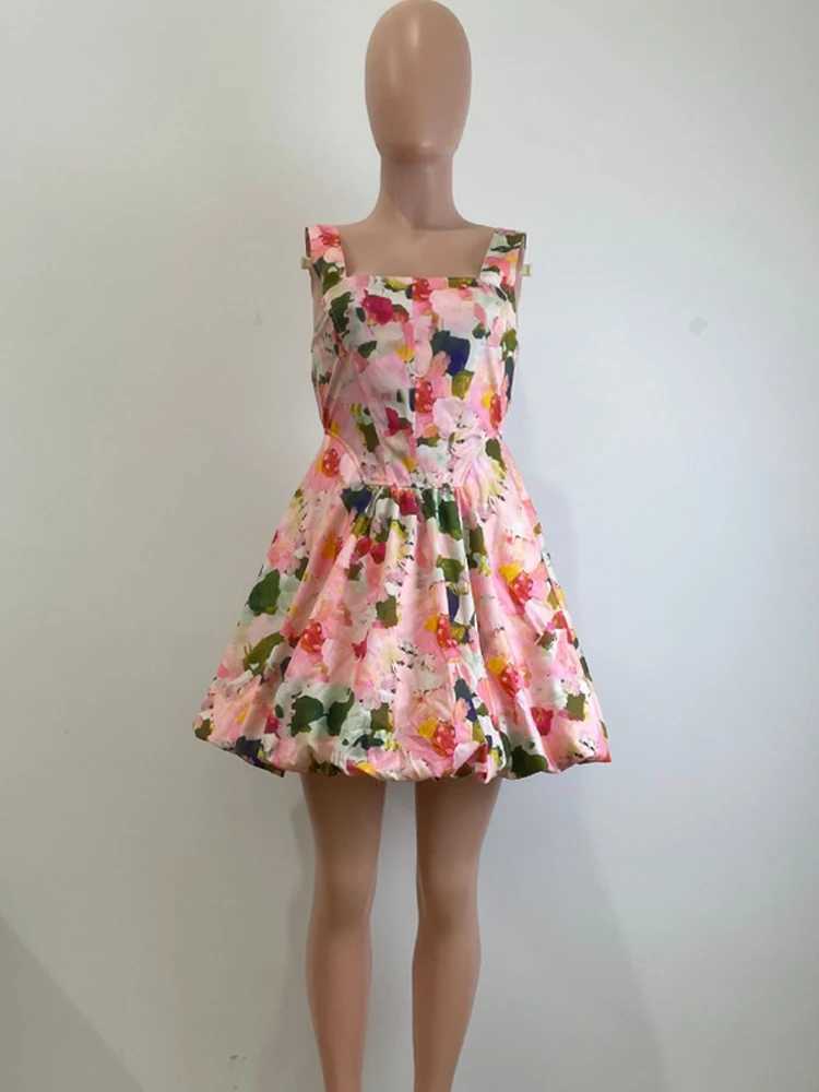 Beyprern Stylish U Neck Floral Bubble Hem Mini Dress Summer Sundress Chic Womens Sleeveless Flower Short Dress Vacation Outfits X260306