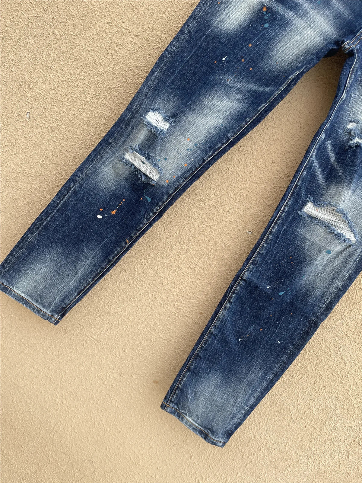 2025 fashion mens washed worn microelastic paint splash ink slimfit feet blue jeans men 260228