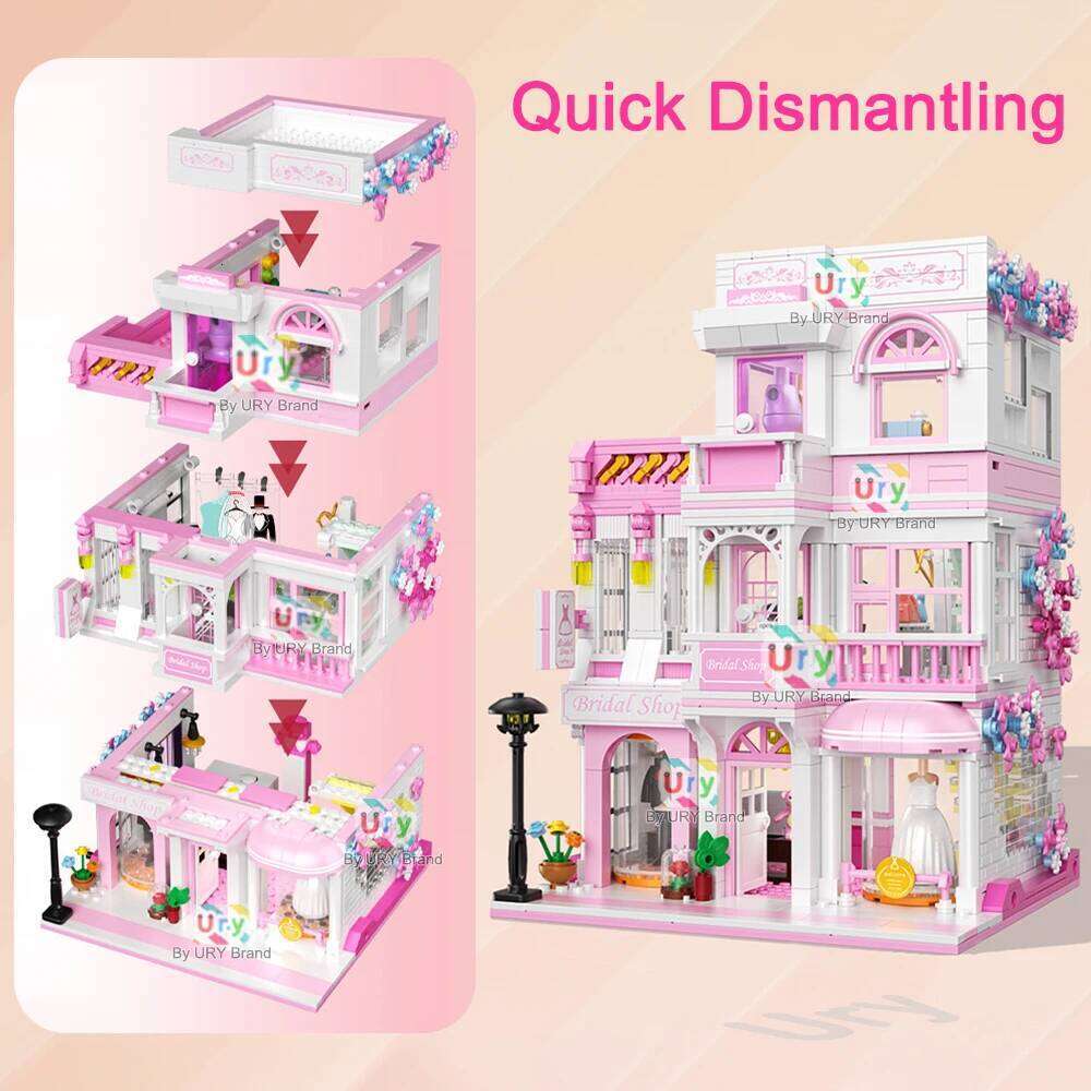 Mini City Street View Friends House Pink Wedding Dress Shop Modular Villa with Light MOC Architecture Building Block Set for Kid Z260305