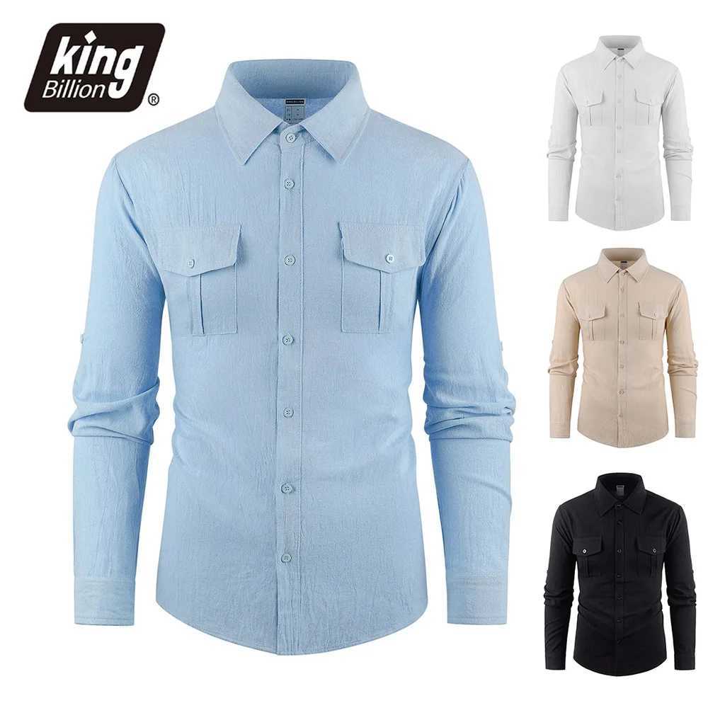 Mens Cargo Shirts Cotton Linen Solid Color Single Breasted Breathable Long Sleeve Shirt Male Casual Button Up M260305