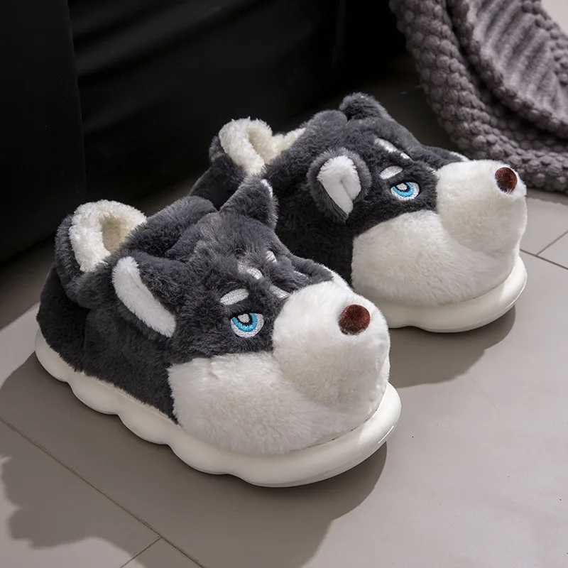 Men Home Cotton Slippers Cute Cartoon Dog Winter Warm Shoes For Couples Soft Plush Anti-slip Male Female Indoor Fluffy Slides S260305