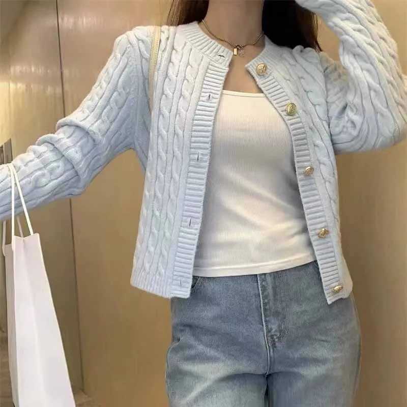Korean Chic Cropped Sweater Jacket for Women Simple All-Match Round Collar Twist Knitted Cardigan Autumn Winter Buttons Knitwear M260306