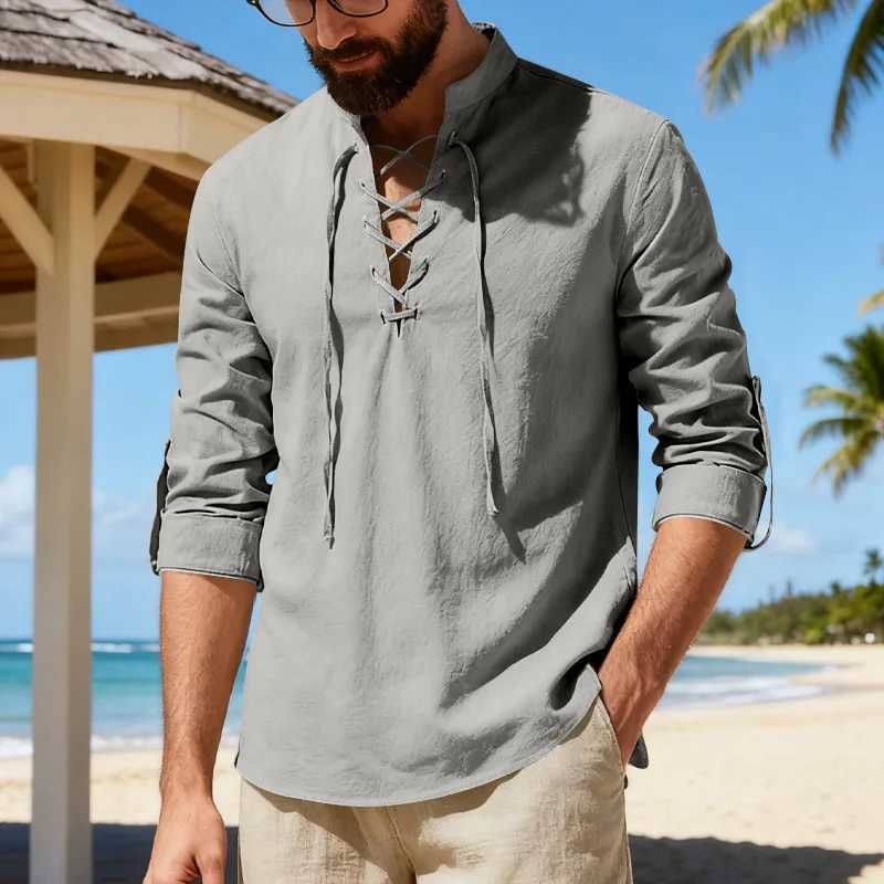2026 New Mens Cotton Linen Shirt Long Sleeve Male Shirts Henley Button Strap Stand Collar Casual Shirt Spring Summer Vintage M260305