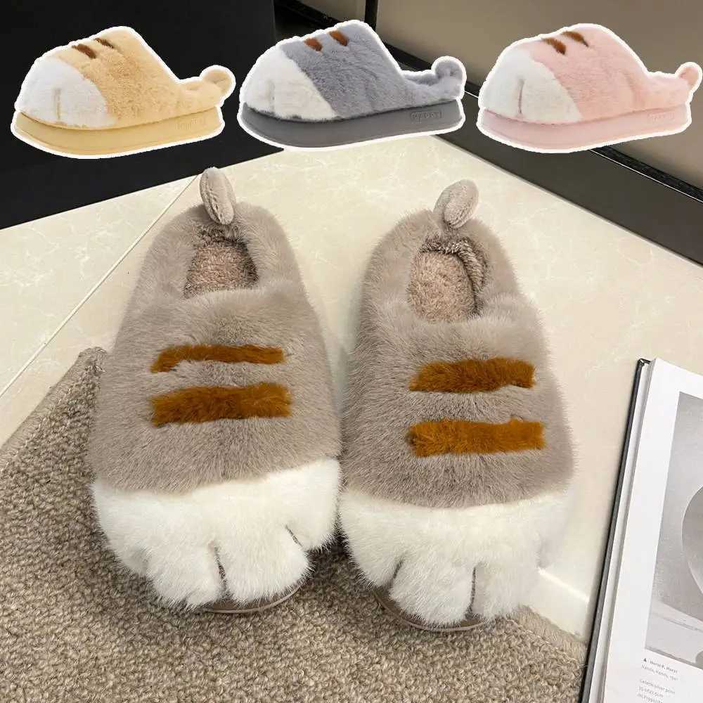 3D Cat Paw Plush Slippers Flat Thermal Slippers Comfortable Fluffy Home Slippers Anti Slip Cute Paw Slippers for Indoor Bedroom S260305