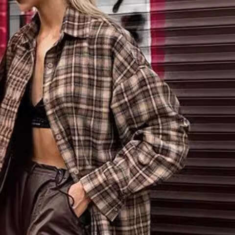 European-style cross-border spring vintage for women, long design, stylish base layer, loose fit plaid shirt