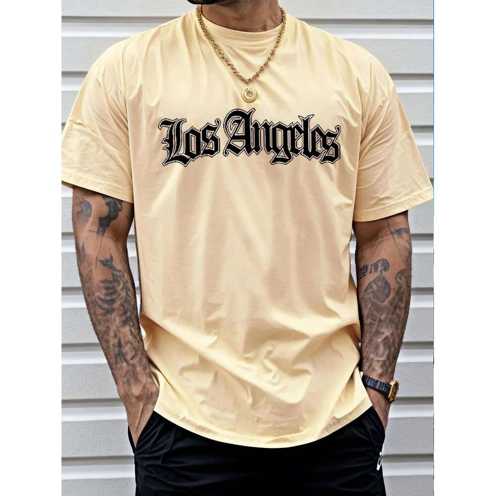 New men's casual polyester fabric breathable round neck T-shirt with letter print pattern suitable for outdoor shopping wear 26H0306