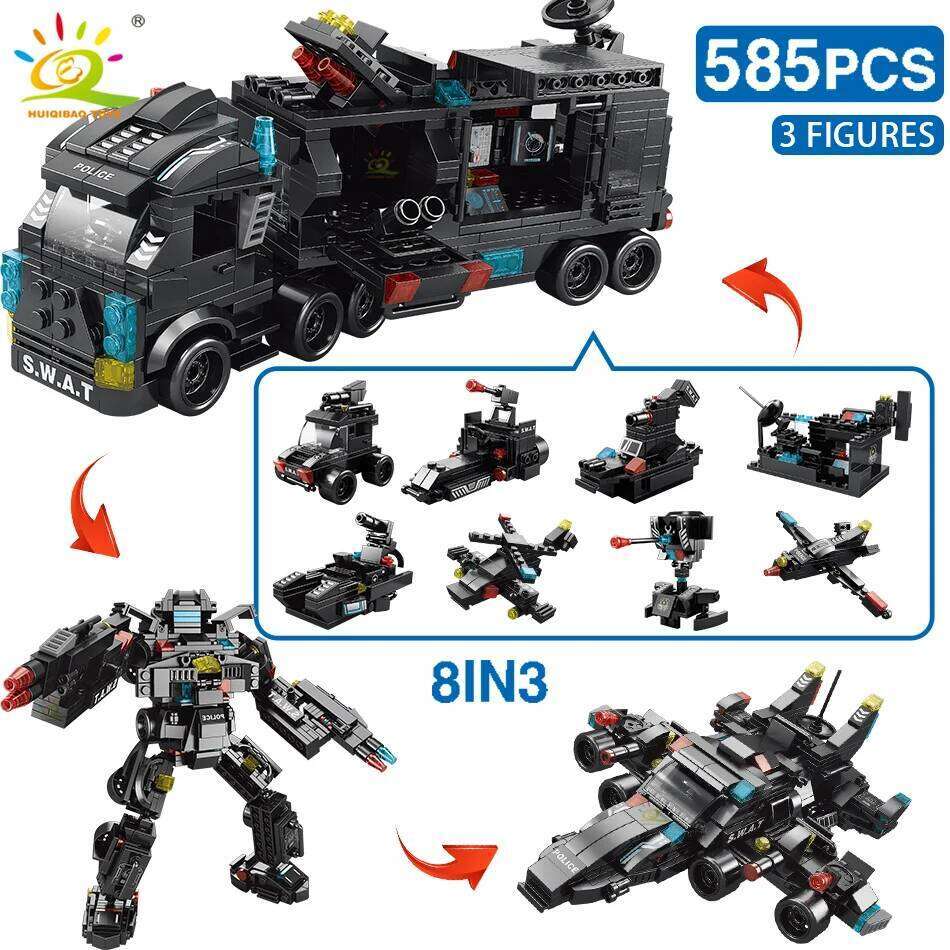 HUIQIBAO 454-585PCS 8in1 SWAT Police Command Truck Building Blocks City Helicopter Bricks Kit Educational Toys for Children Z260306