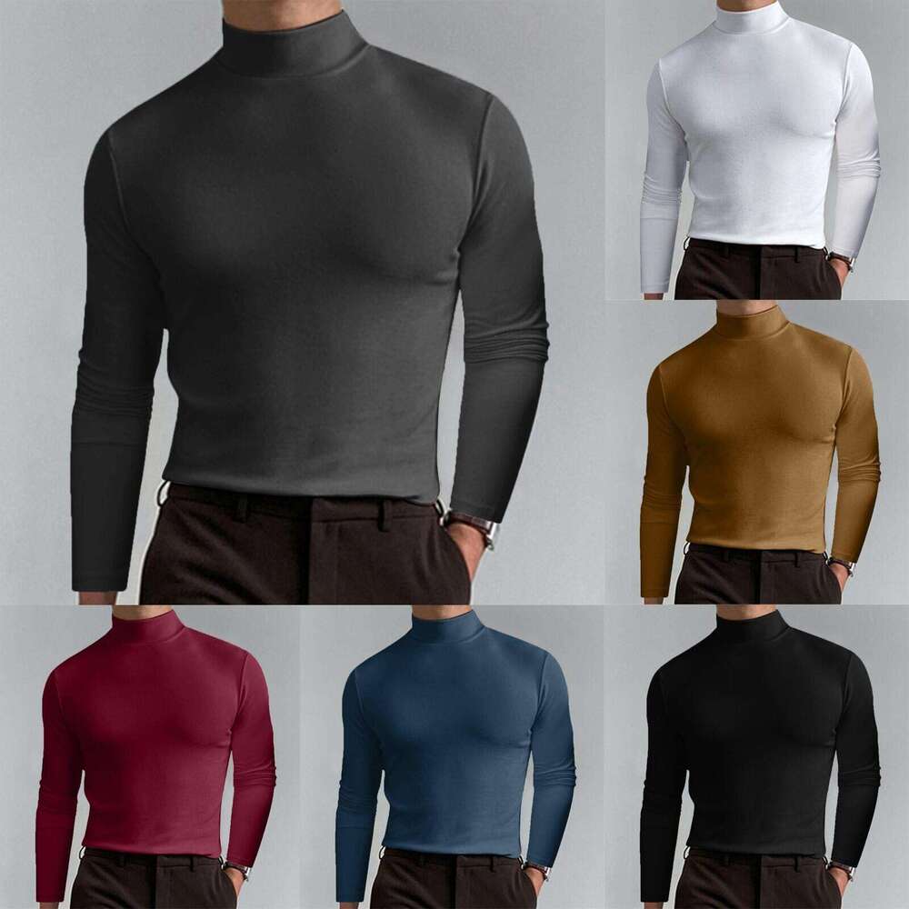 Amazon Foreign Trade European and American Clothing 2023 Autumn Winter High Collar Long Sleeve T-Shirt Men's Base Shirt Comfortable Solid Color T
