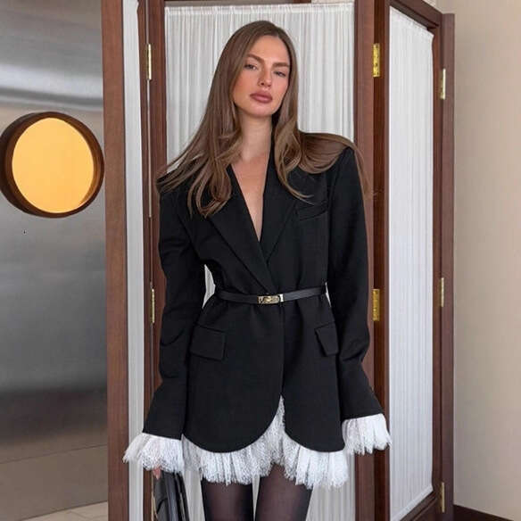 Elegant Lace Blazer Coat Women Fashion Office Lady Full Sleeve Single Breasted Jackets 2025 New Autumn Black Casual Slim Coats Asia Size