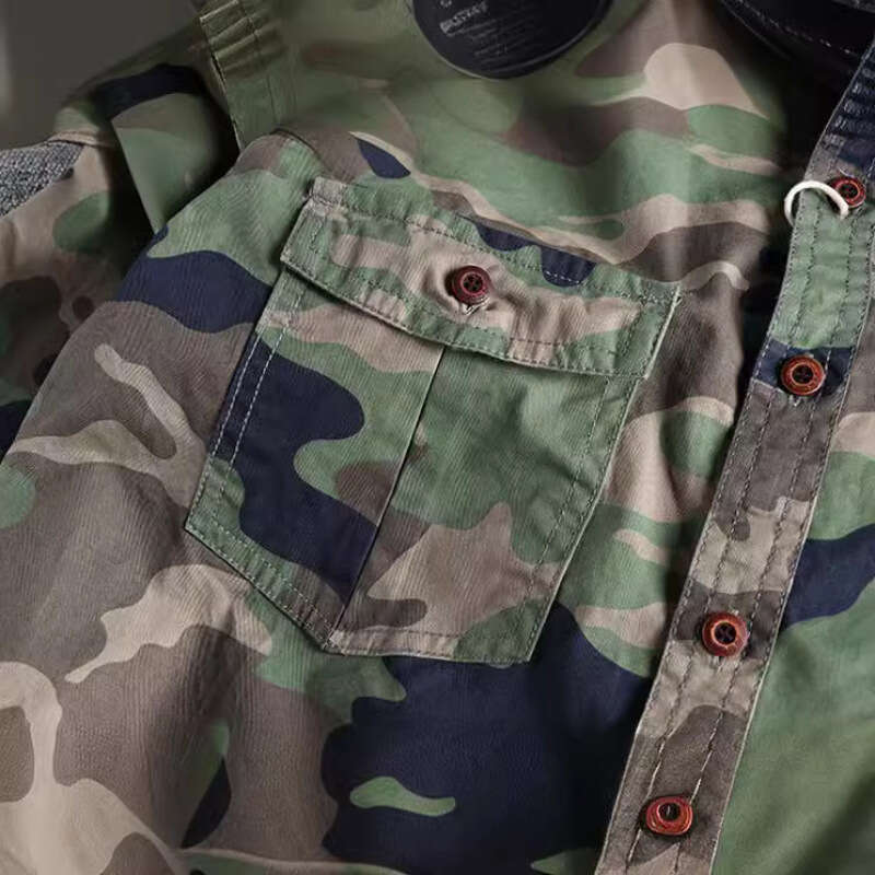 Khaki Foreign Trade Washed Camouflage American Workwear Long Sleeve Shirt for Men with Double Pockets Versatile Casual Military Youth Top