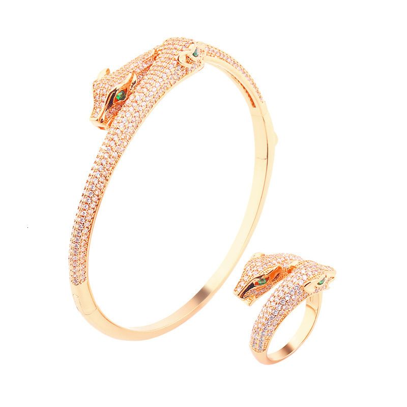 Bracelet Ring Set Style Punk Micro-Inlaid Bracelet Ring Zircon Simple Double-Headed Leopard Bracelet Ring Set, Personalized Jewelry For Men And Women 