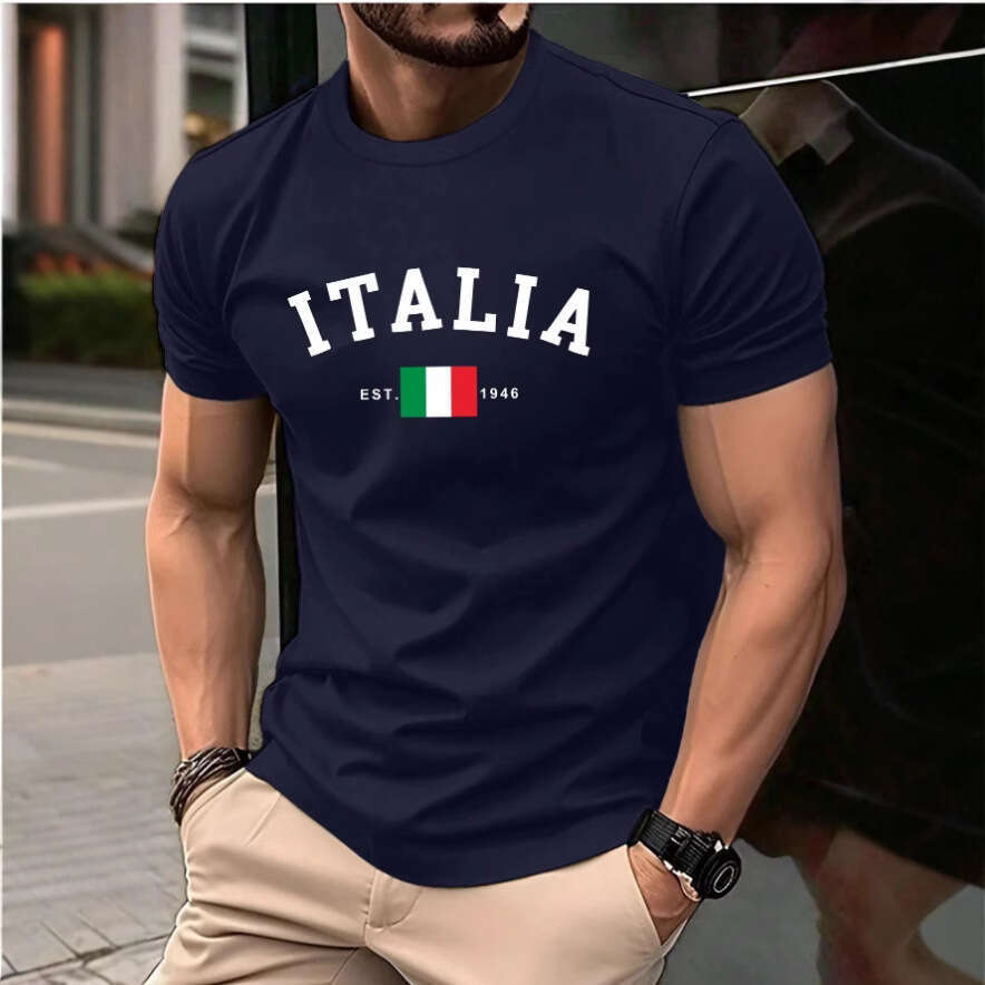 2025 New European and American Export Casual Versatile Fashionable Men's Italian Print Short Sleeve T-Shirt